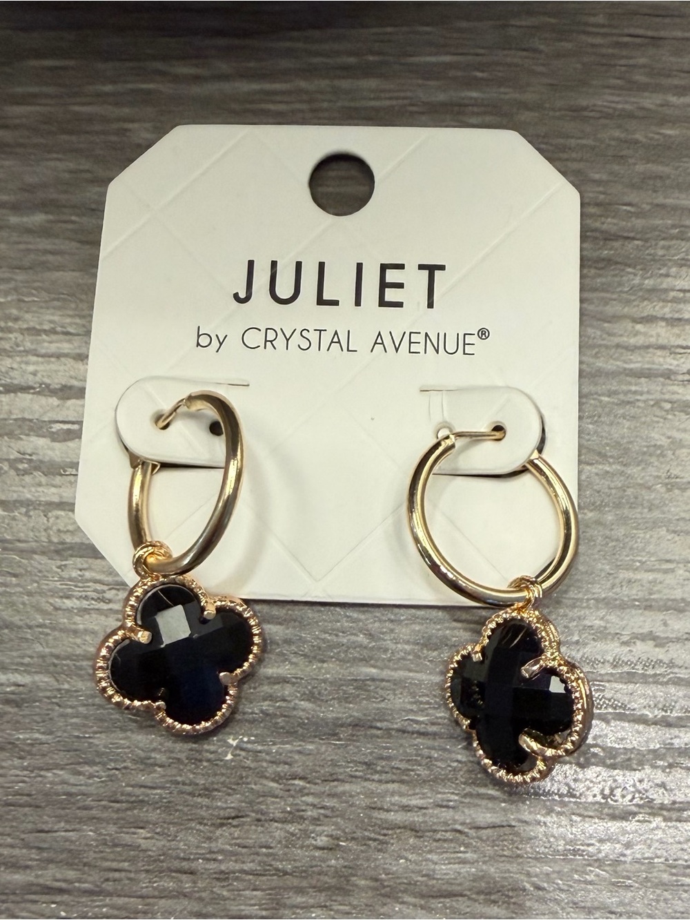 New Boutique Gold Tone Hoops W/ Attached Black Clover Shaped “Charm” Earrings